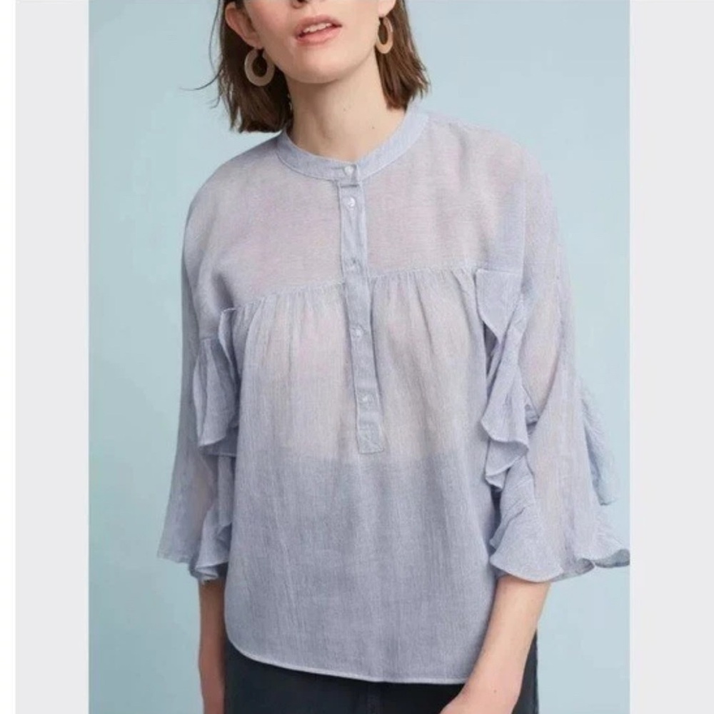Anthropologie Maeve Ruffled Henley Popover top Womens Size XS Blue White Stripe